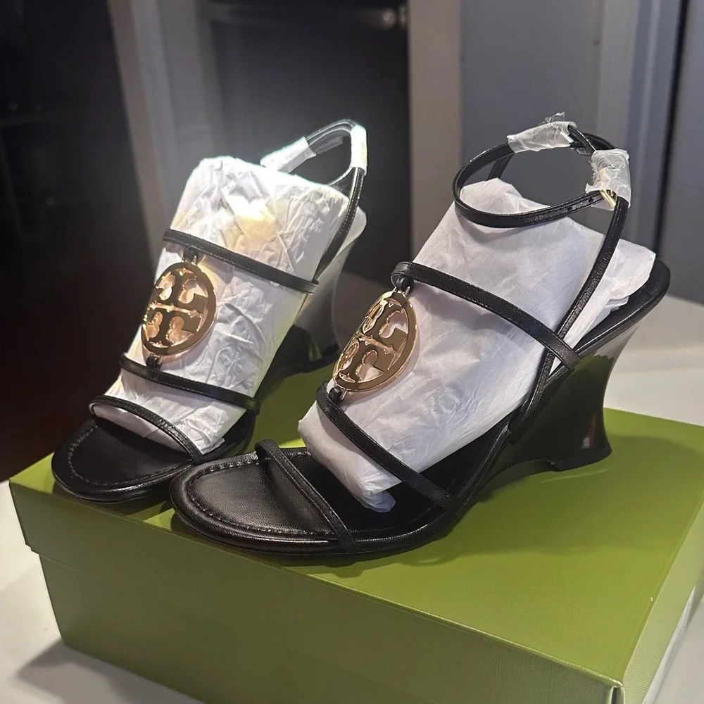 Tory Burch Black Wedge Sandals with Gold Accent